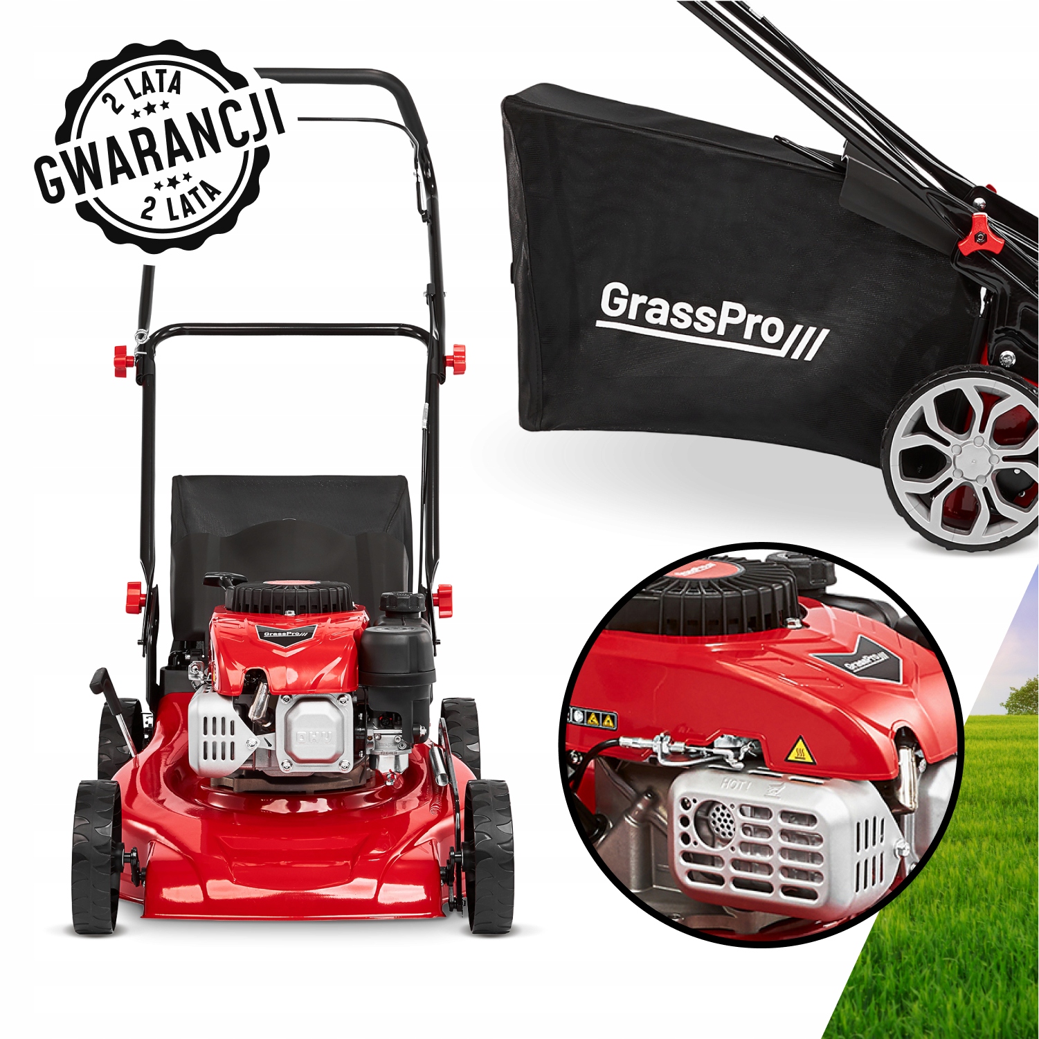 VÝKONNÁ BENZÍNOVÁ KOSAČKA NA TRÁVU MOTOR 200 CC 6 HP 46 CM MULČOVACÍ VRECKO 70 L + OLEJ